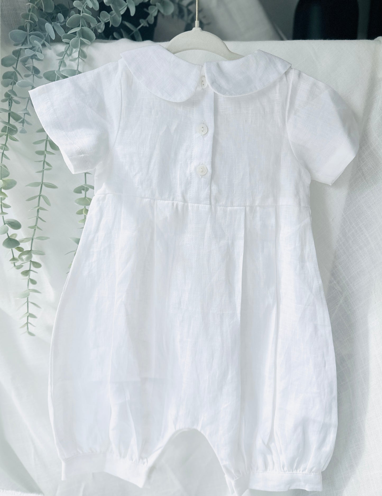 Linen Baptism romper short-all outfit with optional embroidery customisation