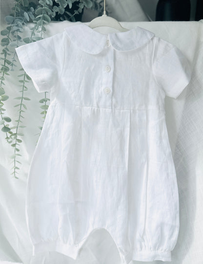 Linen Baptism 3/4 length jumpsuit with optional cardigan and embroidery