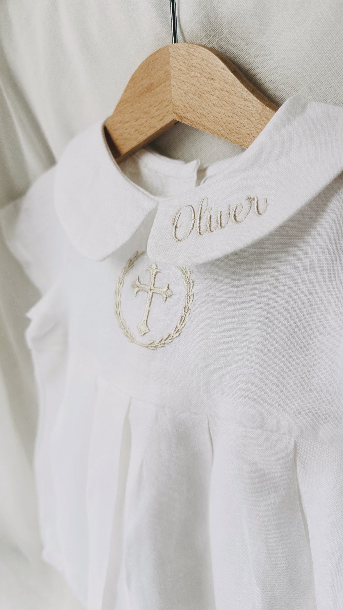 Linen Baptism peter pan collar bubble romper with optional embroidery customisation