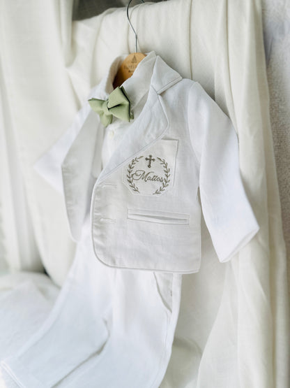 Boys white linen full 5 piece suit with vest, jacket, shirt, pants, suspenders and bow tie plus extras