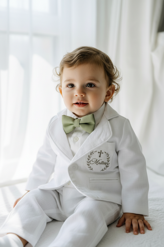 Boys white linen full 5 piece suit with vest, jacket, shirt, pants, suspenders and bow tie plus extras