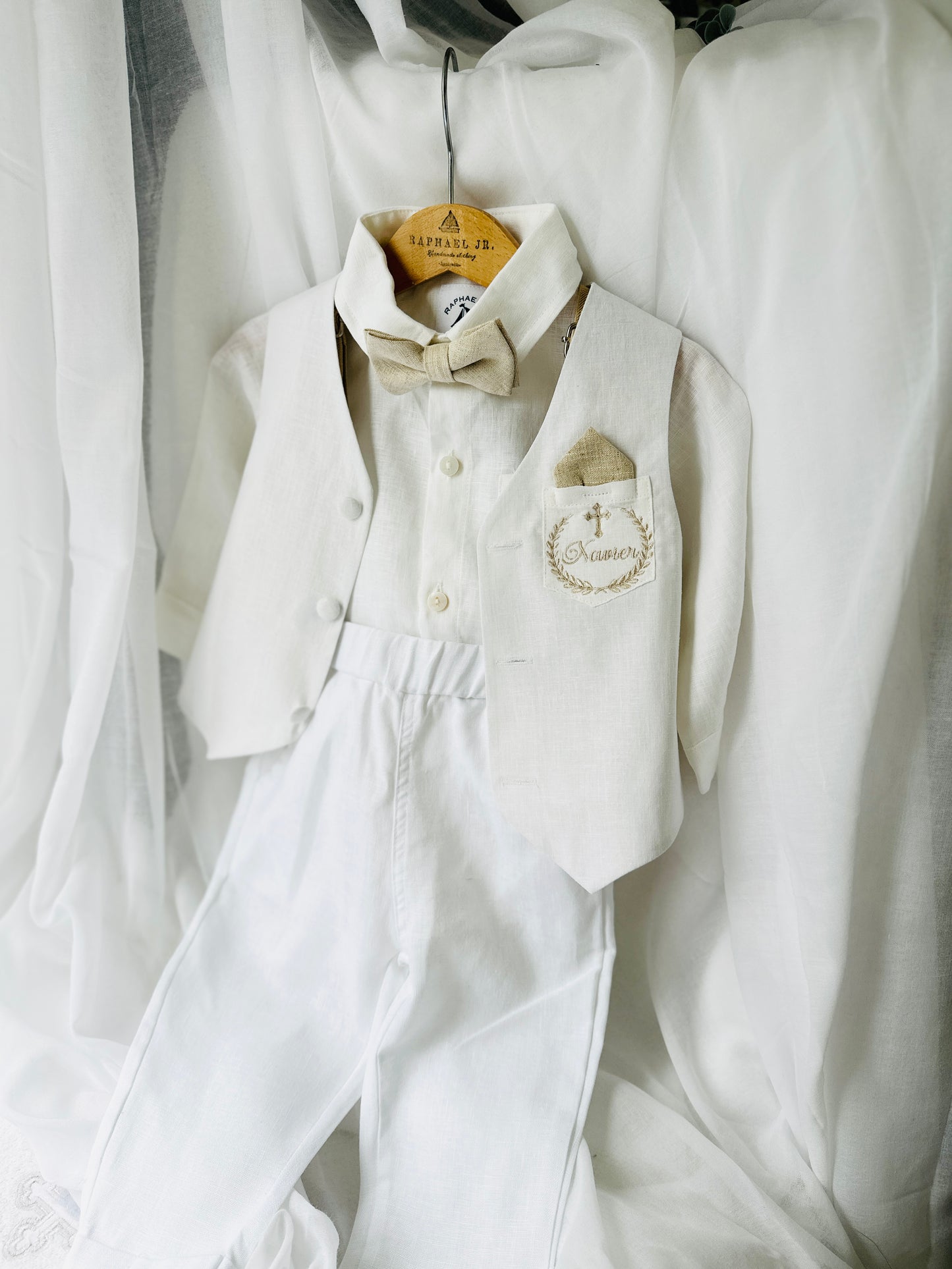 Boys white linen full length Baptism set with vest, shirt, pants, suspenders and bow tie