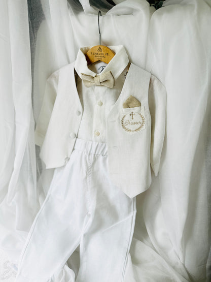 Boys white linen full length Baptism set with vest, shirt, pants, suspenders and bow tie