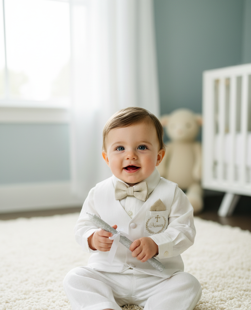 Boys white linen full 5 piece suit with vest, jacket, shirt, pants, suspenders and bow tie plus extras