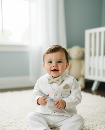 Boys white linen full 5 piece suit with vest, jacket, shirt, pants, suspenders and bow tie plus extras