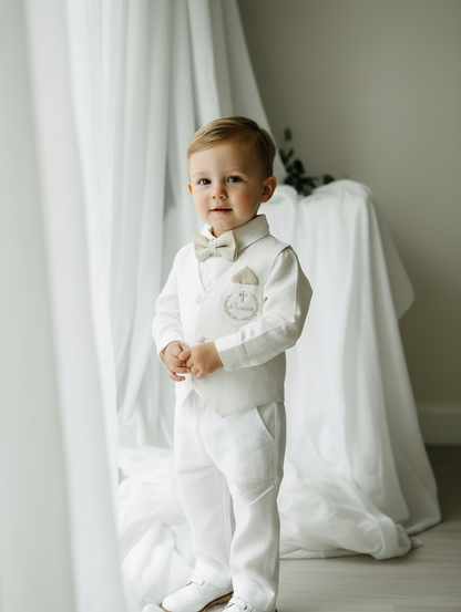 Boys white linen full length Baptism set with vest, shirt, pants, suspenders and bow tie