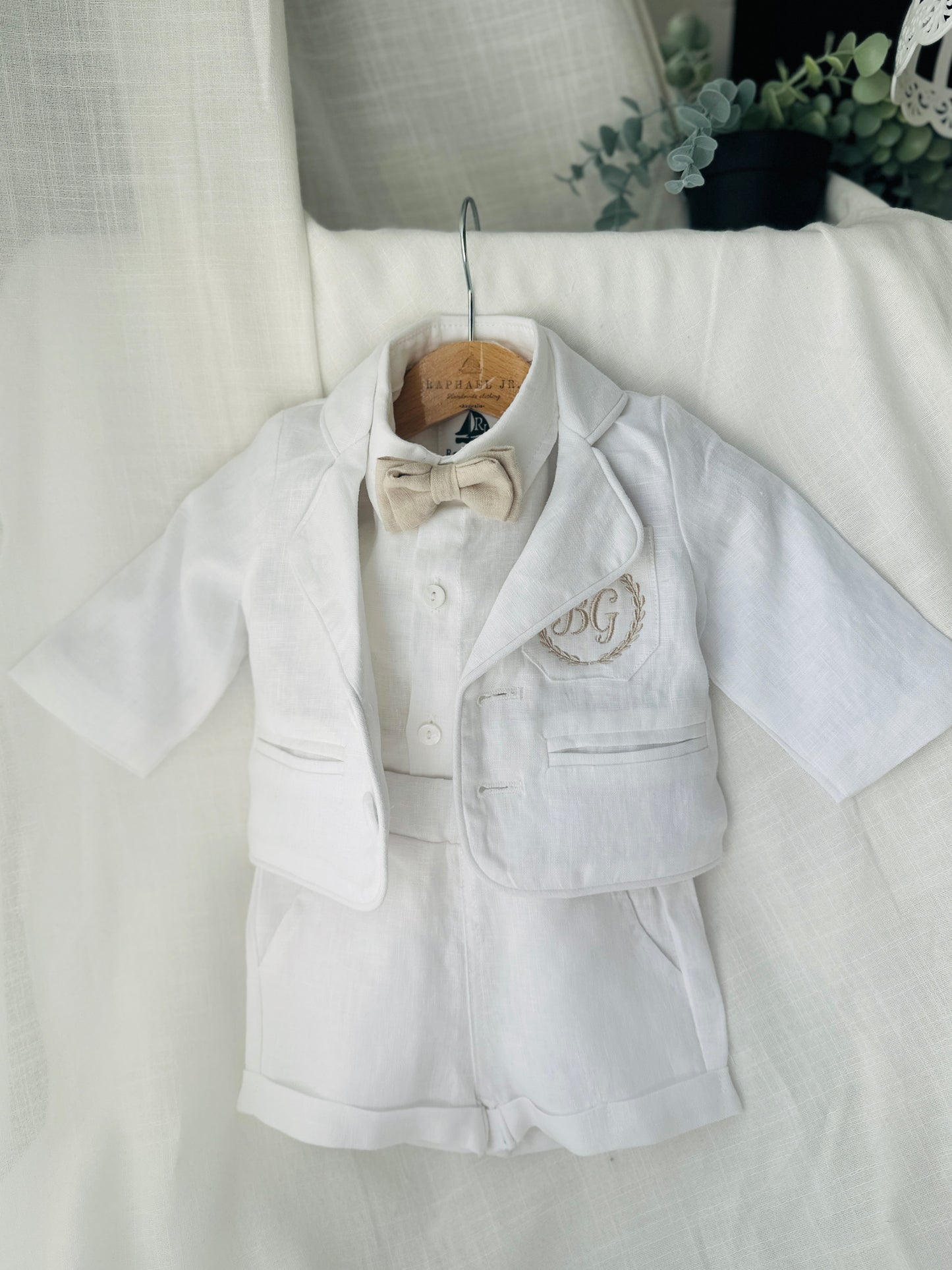 White linen summer Baptism outfit with suspender shorts, shirt, bowtie plus optional extras