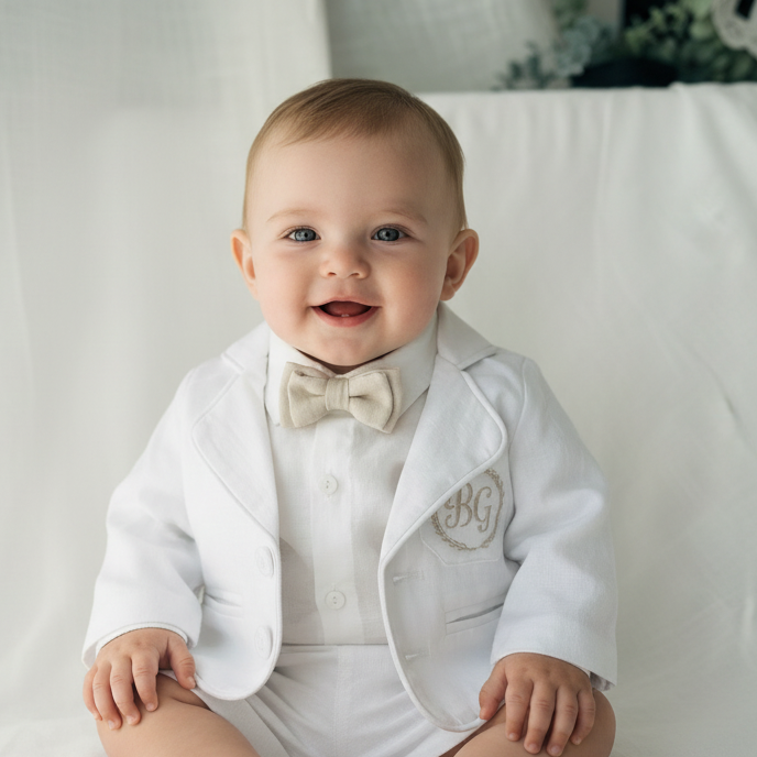 White linen summer Baptism outfit with suspender shorts, shirt, bowtie plus optional extras