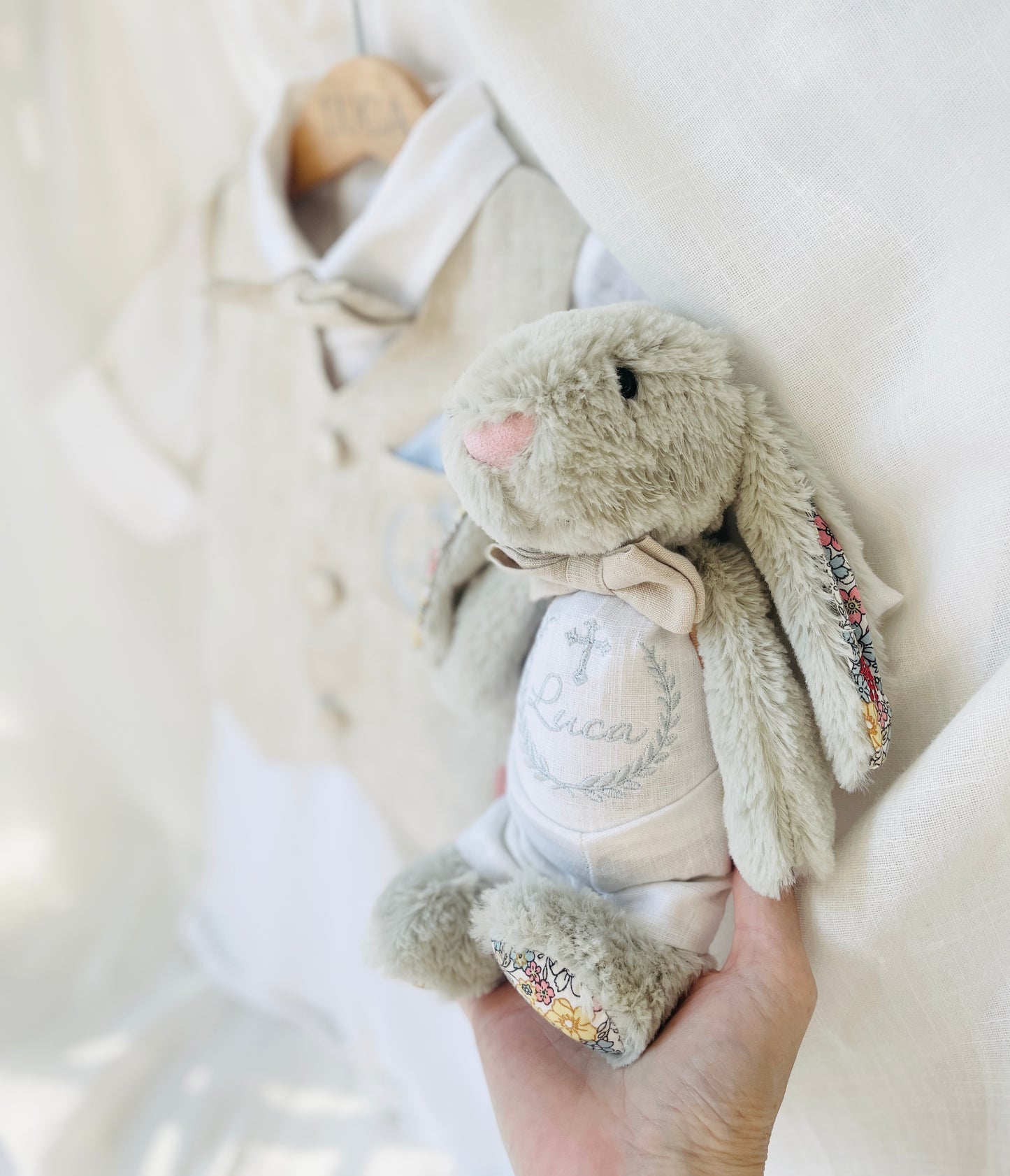 Boys white and grey linen baptism outfit with bloomers and blouse shirt