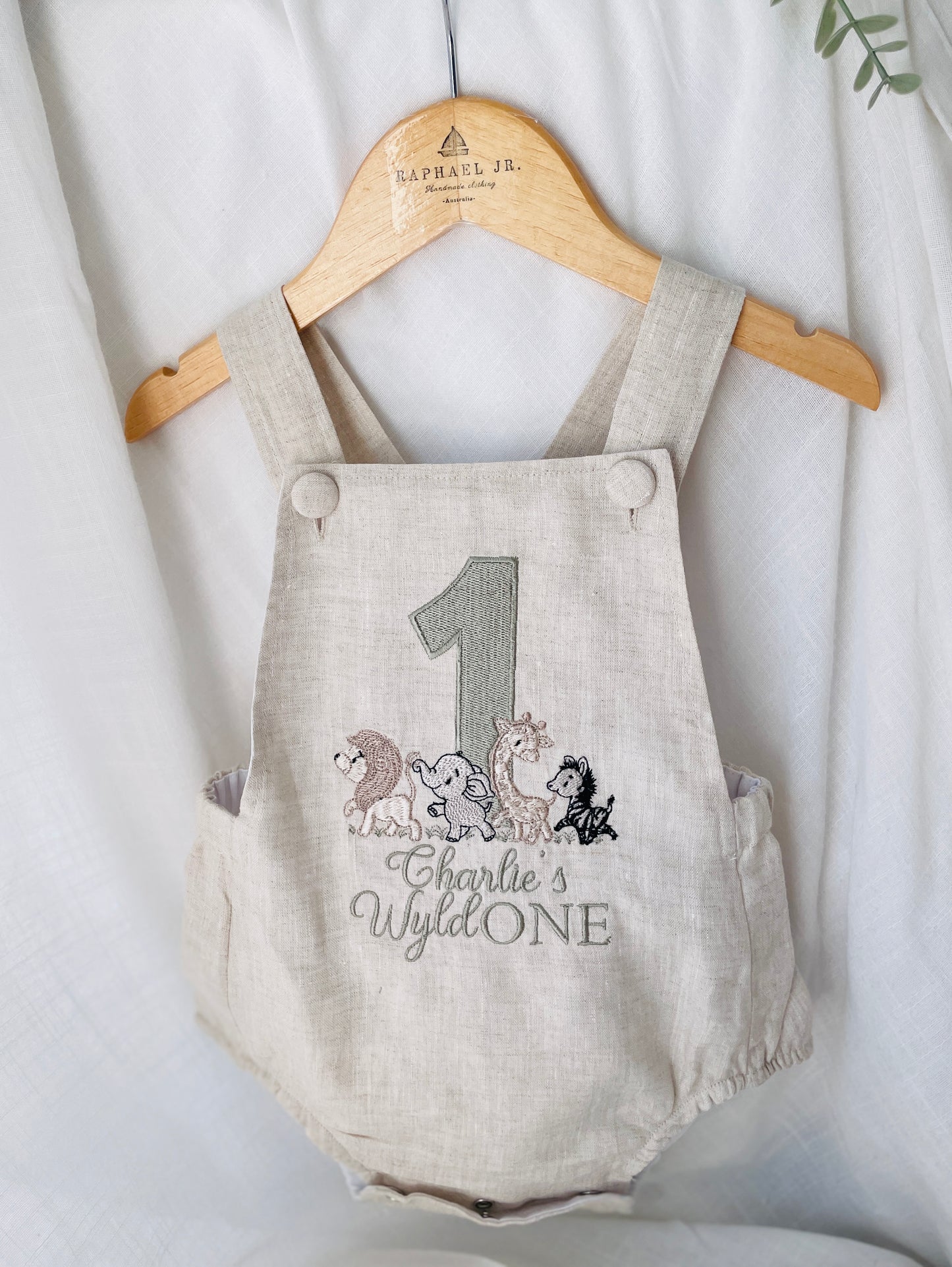 Boys Beige Linen First Birthday romper overalls wild one safari