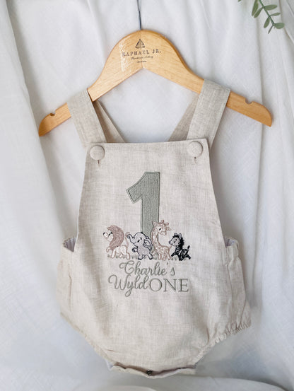 Boys Beige Linen First Birthday romper overalls wild one safari