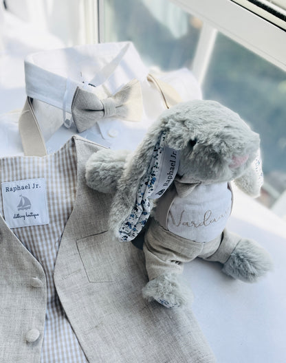 White and Beige Linen set with vest, shirt, pants, suspenders and bowtie plus optional jacket, cap and shoes