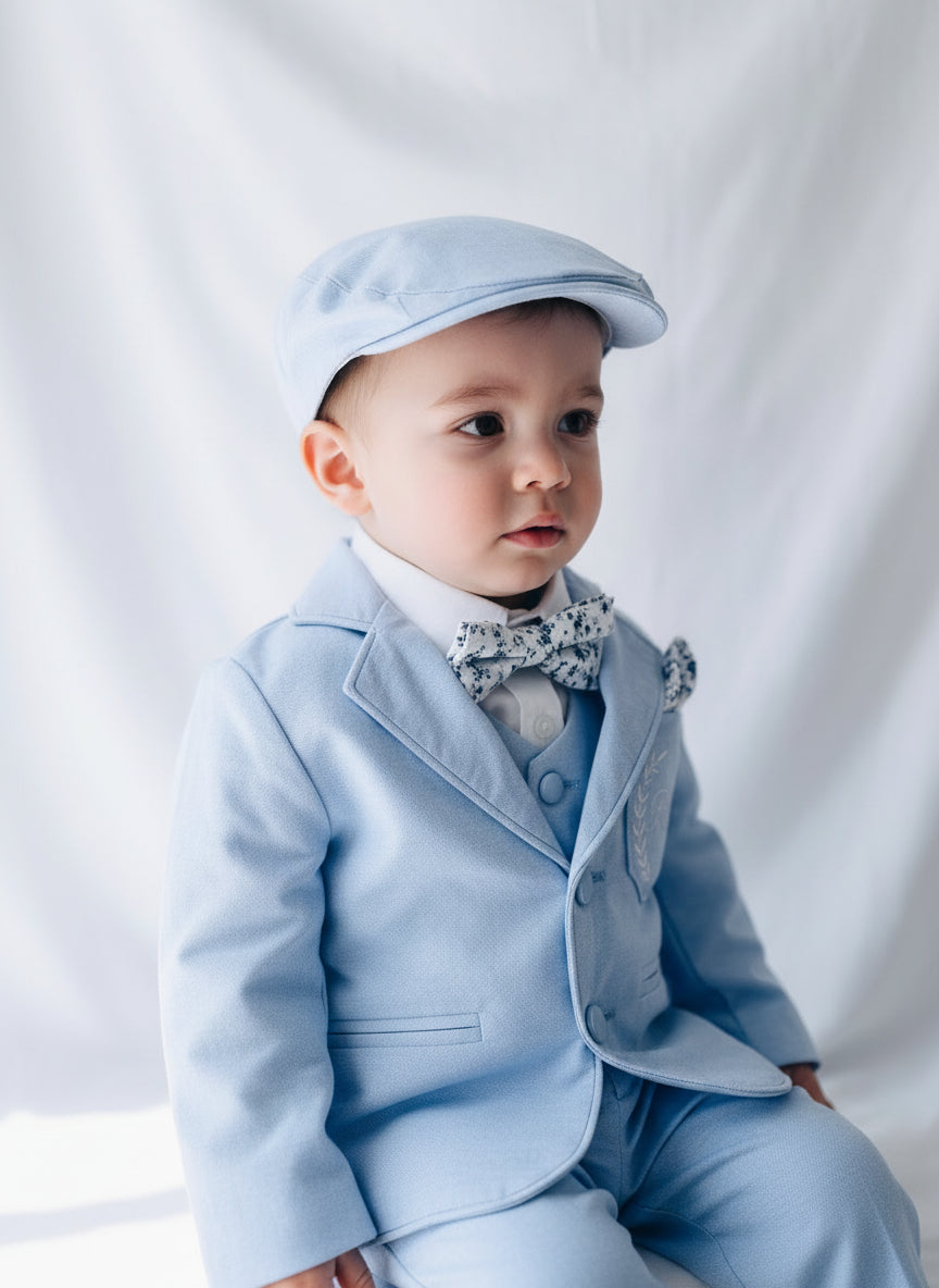 Baby and toddler boys pale blue chambray suit with blue vest, pants and jacket