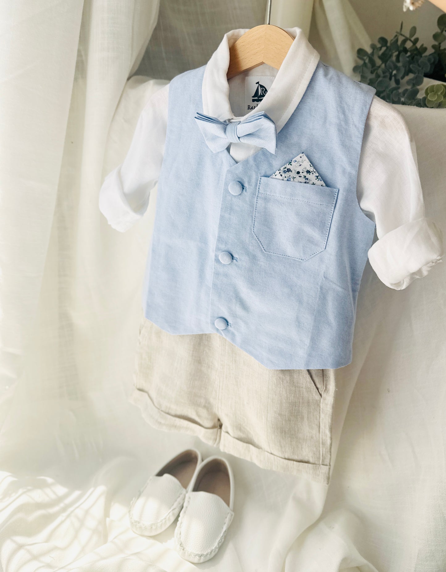 Pale blue and Beige linen summer set with blue vest, white shirt, beige shorts, suspenders and blue bow tie