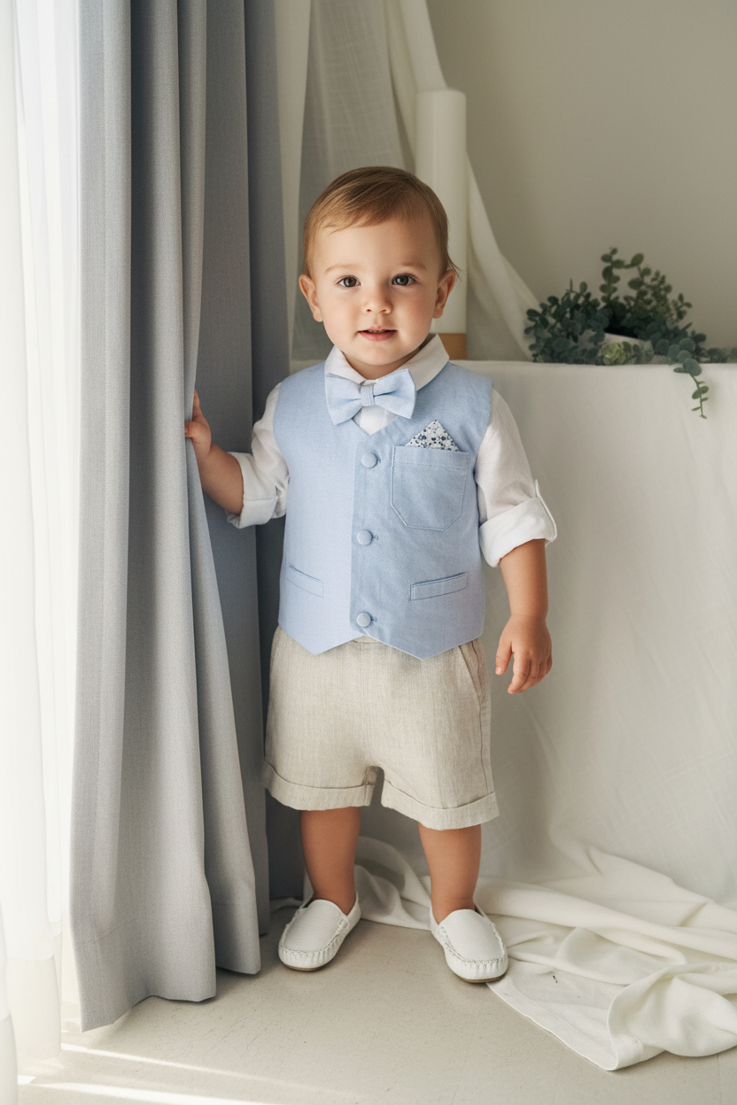 Pale blue and Beige linen summer set with blue vest, white shirt, beige shorts, suspenders and blue bow tie