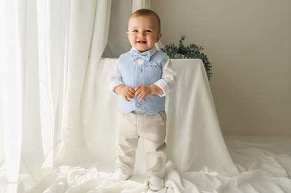 Beige Linen pants and blue vest outfit