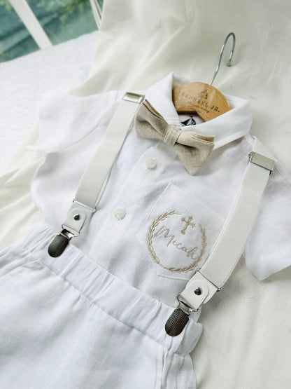 White and beige Summer linen outfit with suspender shorts, shirt, and bow tie plus optional jacket and embroidery