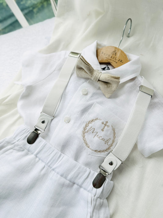 White linen summer Baptism outfit with suspender shorts, shirt, bowtie plus optional extras