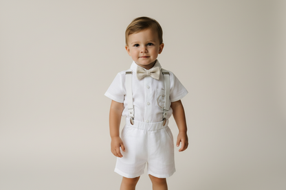 White and beige Summer linen outfit with suspender shorts, shirt, and bow tie plus optional jacket and embroidery