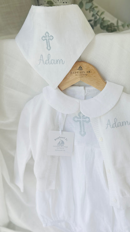 White cotton Baptism christening cardigan sweater with optional embroidery