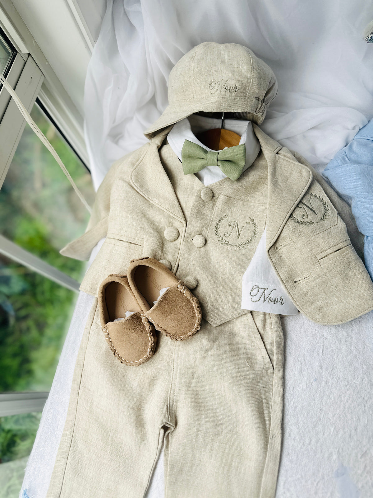 Beige Linen vest suit, shirt, pants, suspenders and bowtie plus optional jacket, cap and shoes
