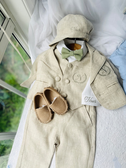 Beige Linen vest suit, shirt, pants, suspenders and bowtie plus optional jacket, cap and shoes