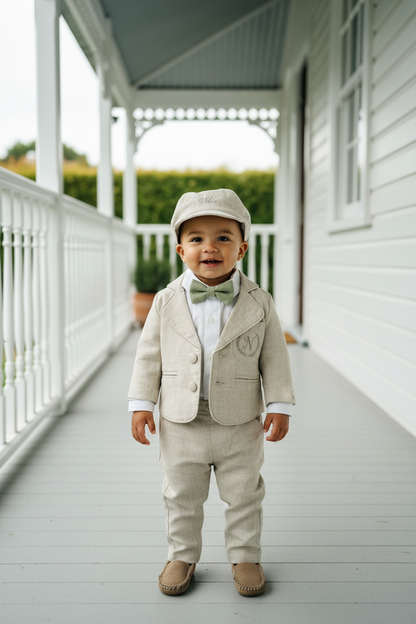 Beige Linen vest suit, shirt, pants, suspenders and bowtie plus optional jacket, cap and shoes