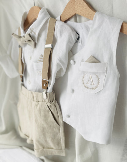 Boys white and beige linen Baptism and Wedding Outfit with vest, shirt, shorts, suspenders and bow tie