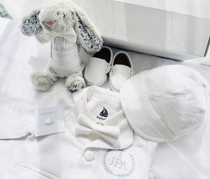 Christening bunny rabbit toy in little suit and bow tie to match babys outfit