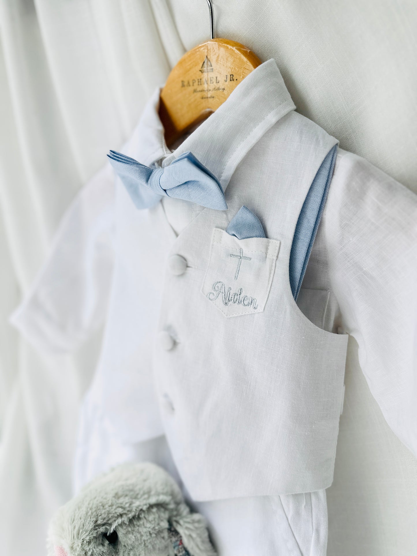 Boys pale blue and white set with vest, pants, linen shirt, bowtie and suspenders, plus optional jacket cap and shoes