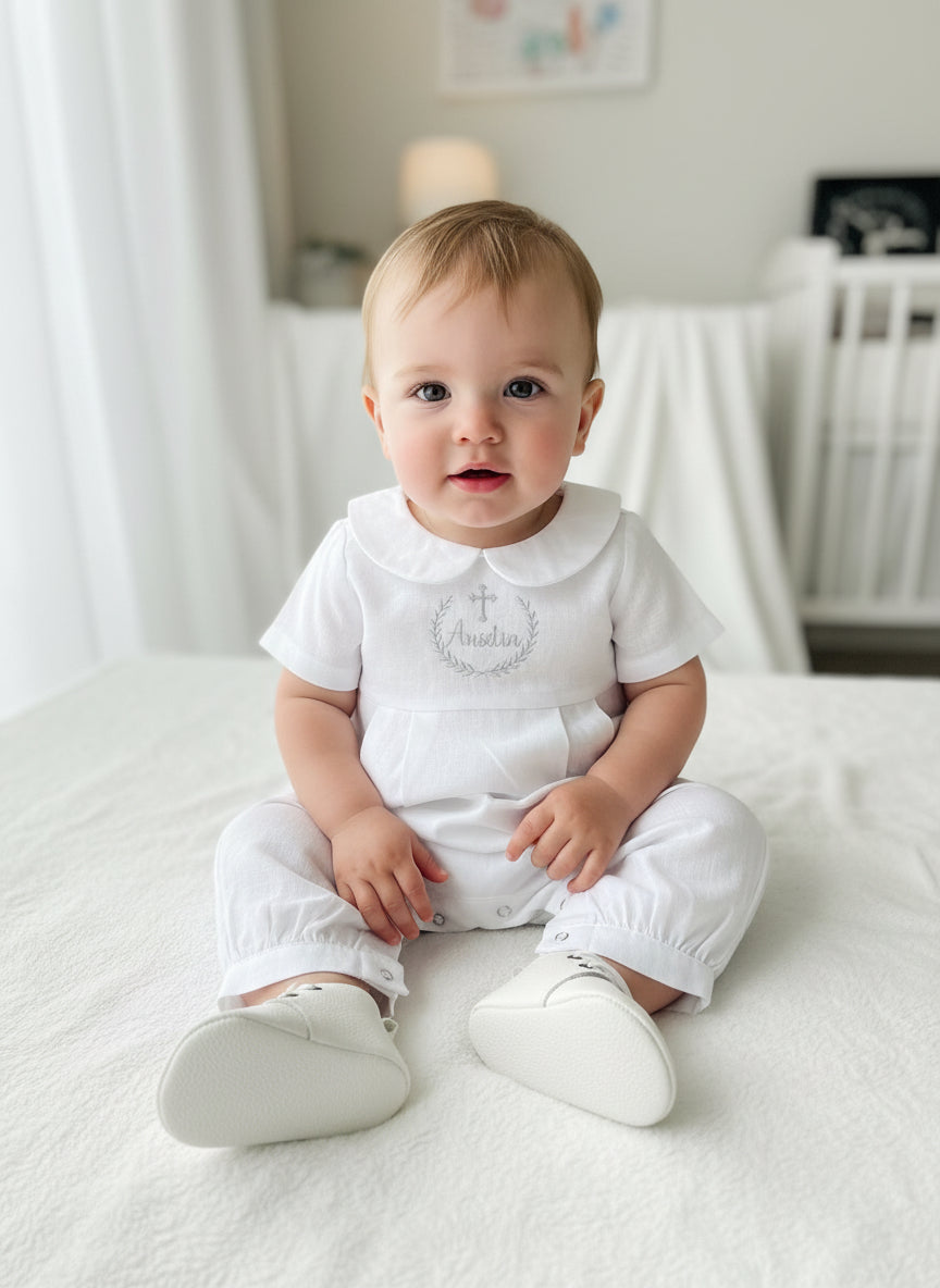 Linen Baptism romper dungaree jumpsuit with optional cardigan and embroidery