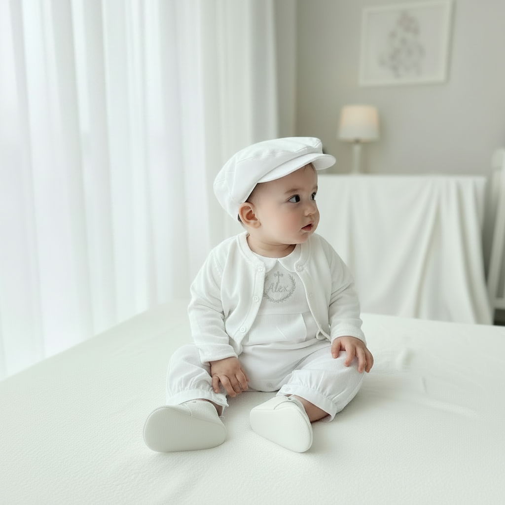 Linen Baptism 3/4 length jumpsuit romper with optional cardigan and embroidery