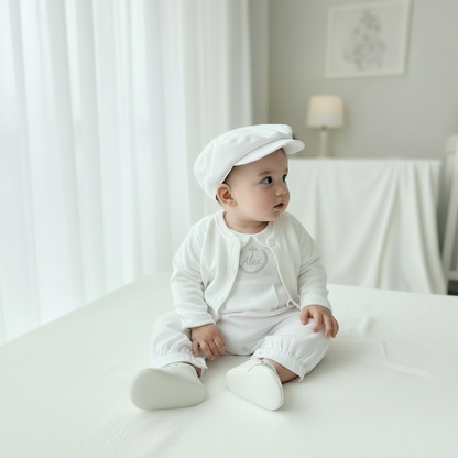 Linen Baptism 3/4 length jumpsuit romper with optional cardigan and embroidery