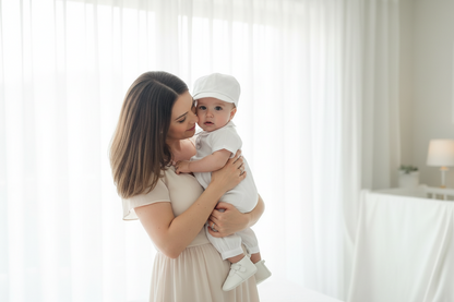 Linen Baptism 3/4 length jumpsuit with optional cardigan and embroidery