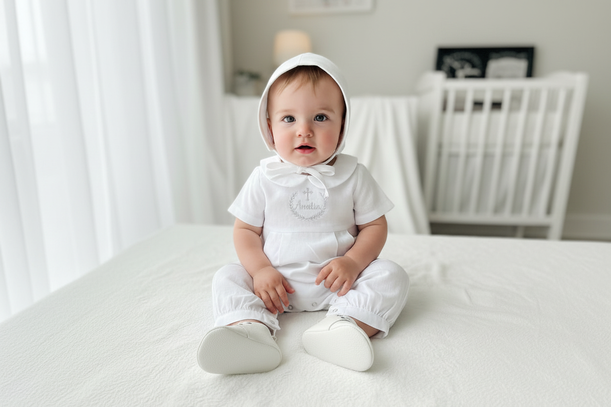 Linen Baptism 3/4 length jumpsuit with optional cardigan and embroidery