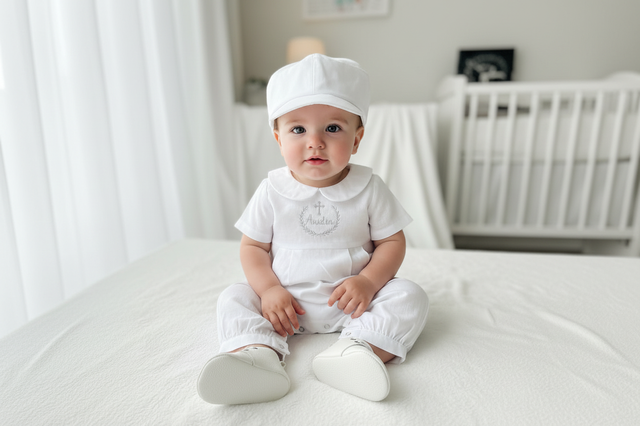 Linen Baptism 3/4 length jumpsuit with optional cardigan and embroidery