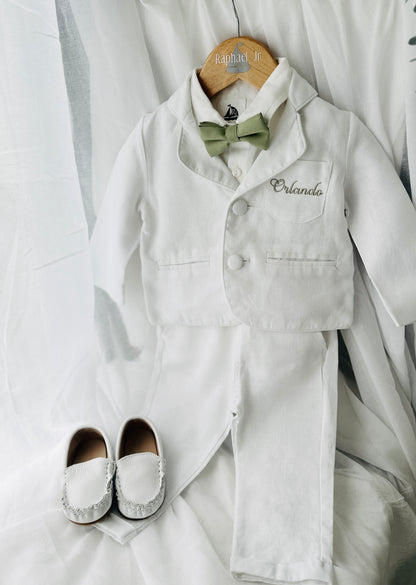 Boys white linen full 5 piece suit with vest, jacket, shirt, pants, suspenders and bow tie plus extras