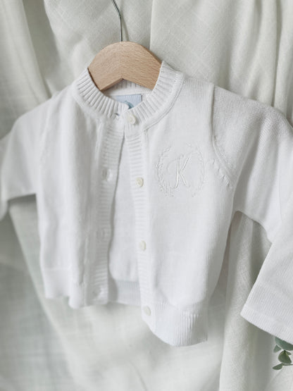 White cotton Baptism christening cardigan sweater with optional embroidery
