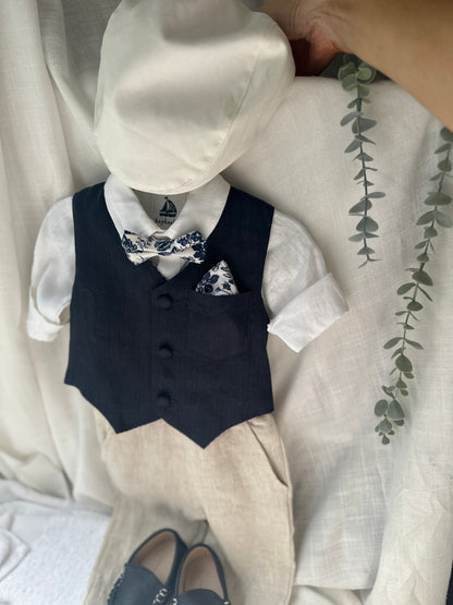Beige linen suit with Navy blue vest