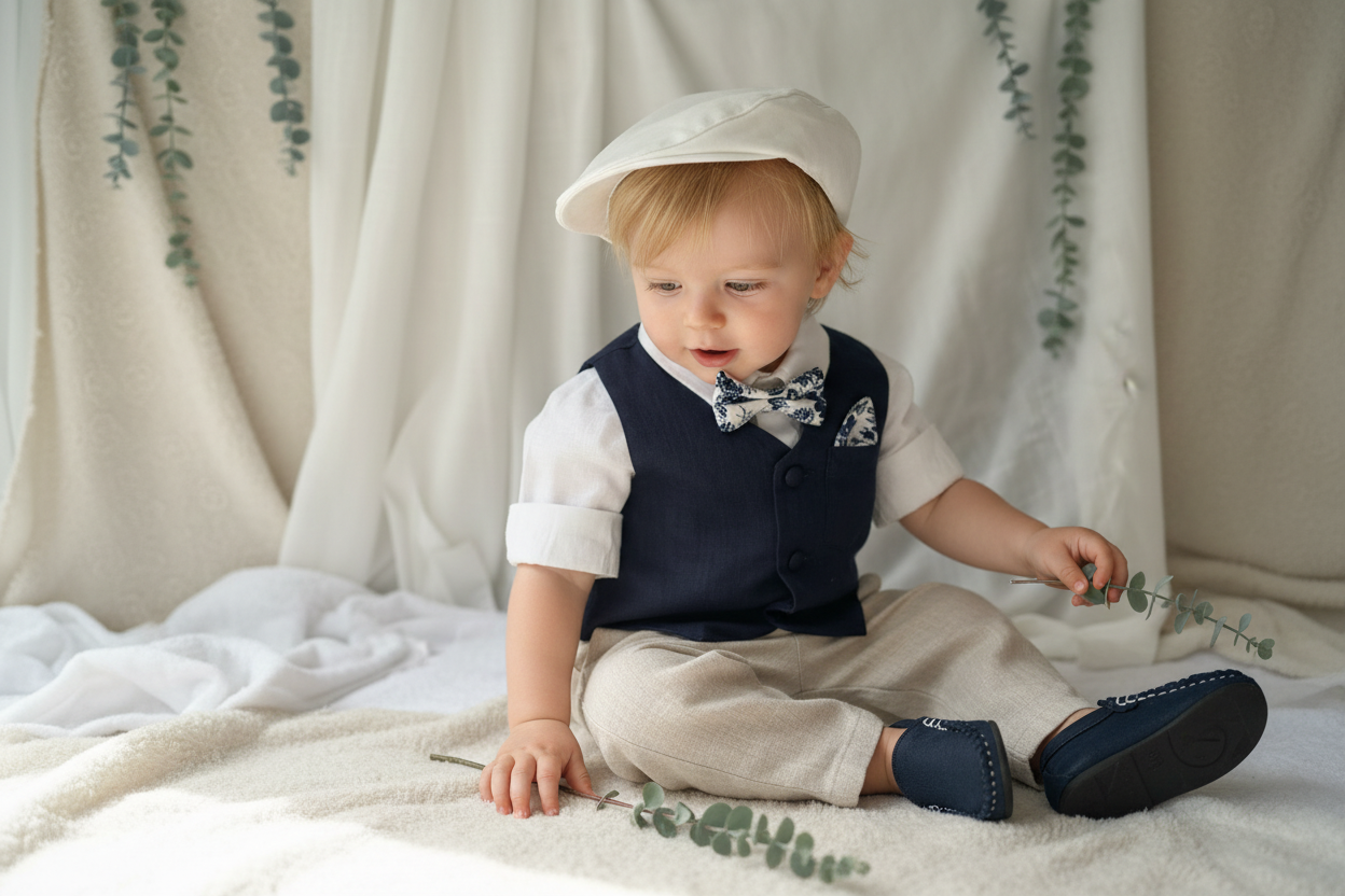 Beige linen suit with Navy blue vest