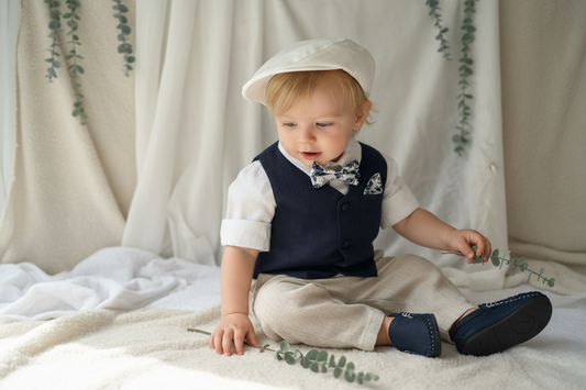 Boys Navy blue vest with beige linen suit