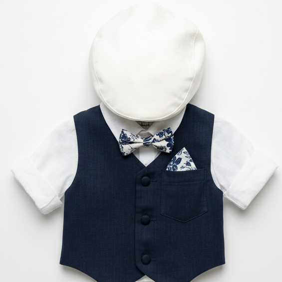 Beige linen suit with Navy blue vest