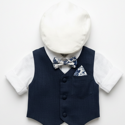 Beige linen suit with Navy blue vest