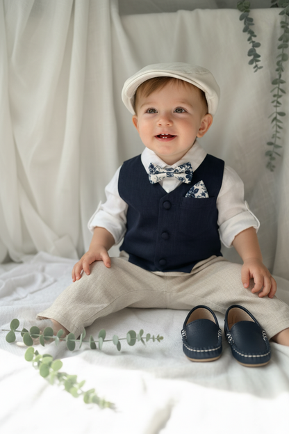 Beige linen suit with Navy blue vest