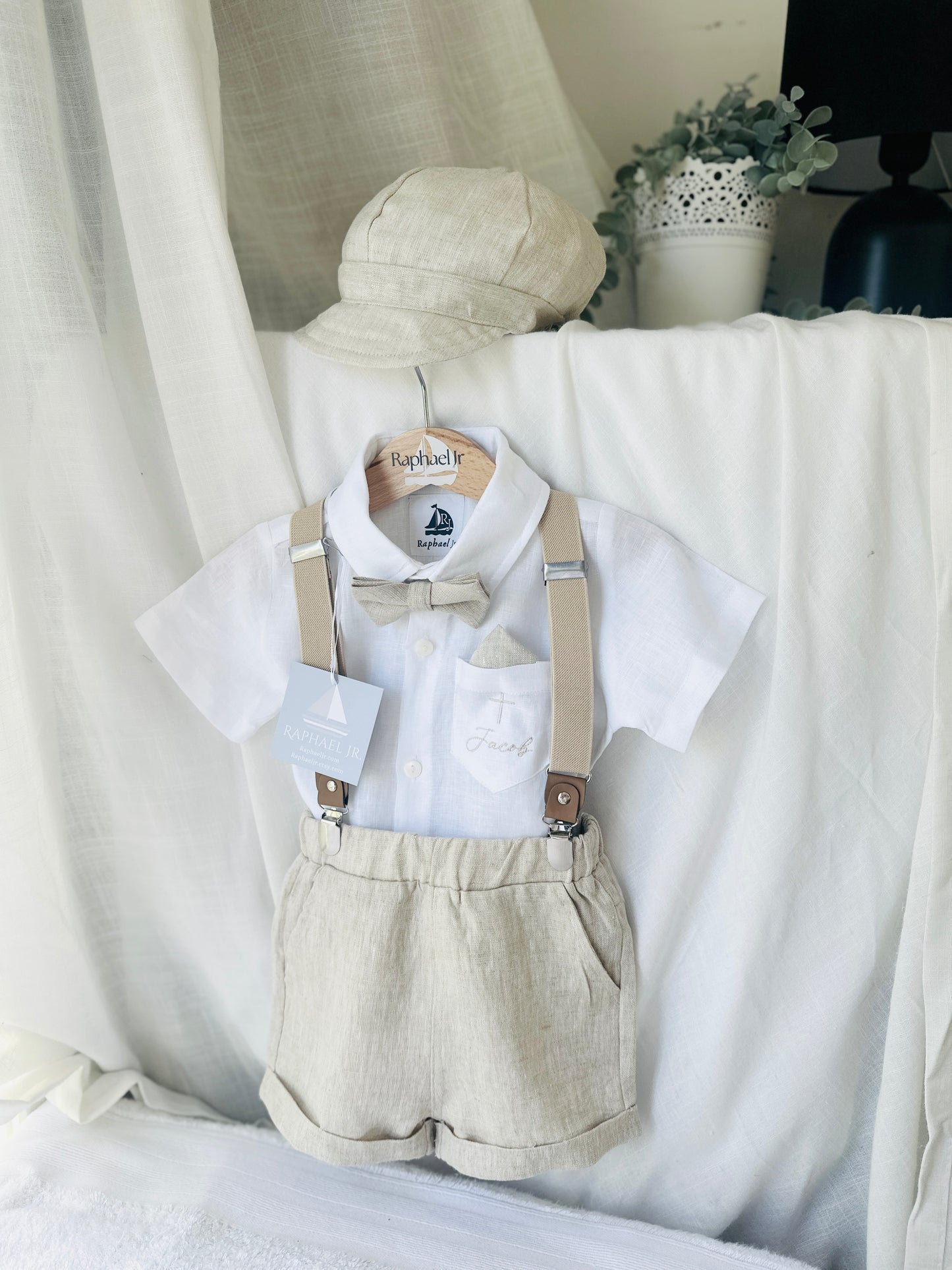Beige Linen Baptism outfit with suspender shorts, shirt, and bow tie plus optional jacket and embroidery