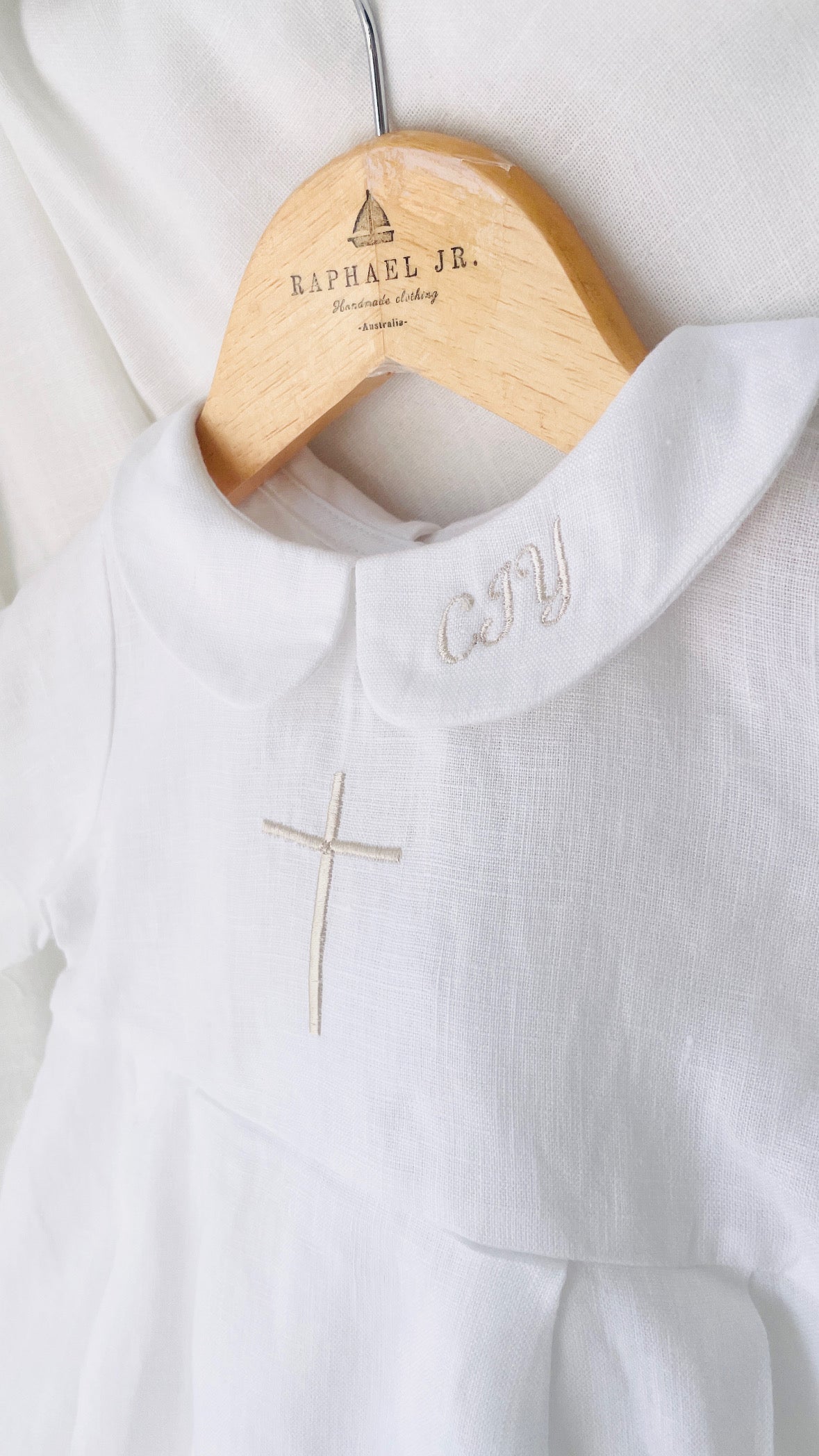 Linen Baptism peter pan collar bubble romper with optional embroidery customisation