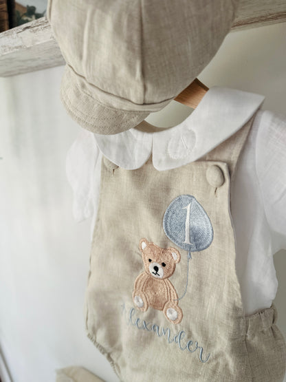 Beige and white linen Birthday teddy bear romper and blouse set