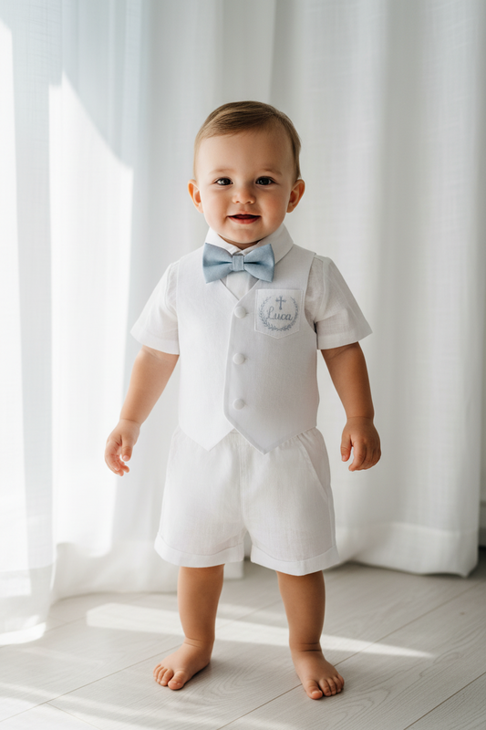 Baby and Toddler Boys white linen summer set with vest, shirt, shorts, suspenders and bowtie