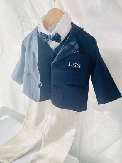 Navy blue linen suit with vest, pants, shirt, suspenders and bow tie plus optional jacket, embroidery, shoes and cap