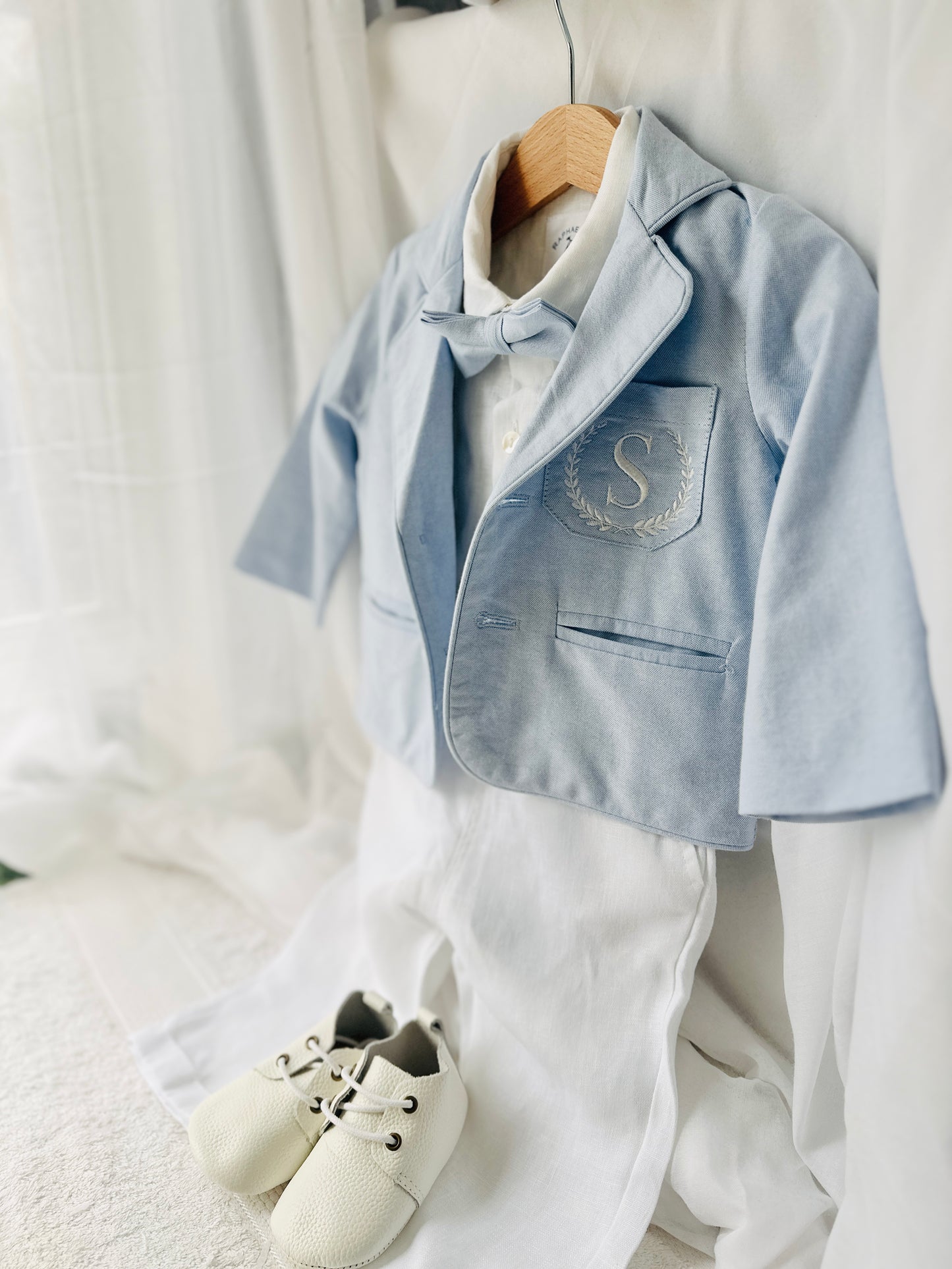 Blue chambray set with blue pants, white linen shirt, white, blue or beige suspenders and blue bow tie